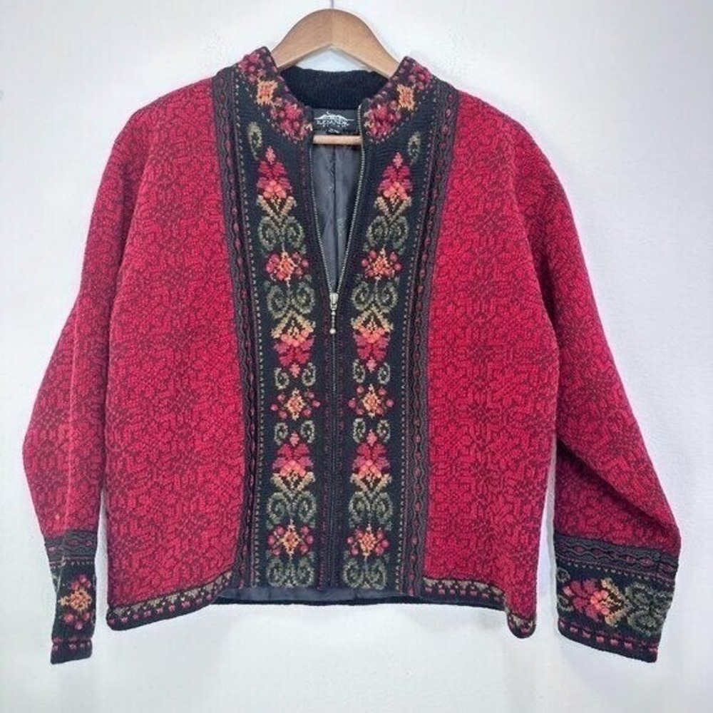 ICELANDIC DESIGN Burgundy Red Floral Knit Wool Cardigan Sweater Jacket Size Med